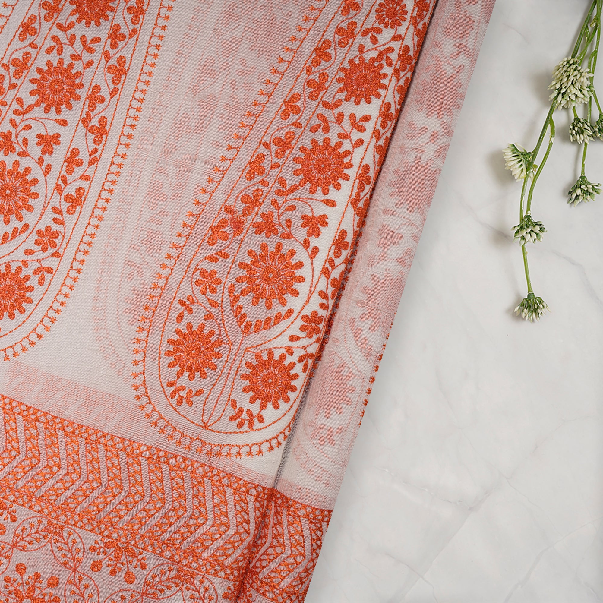 (Pre-Cut 1.00 Mtr) White-Orange Embroidered Fine Chanderi Fabric