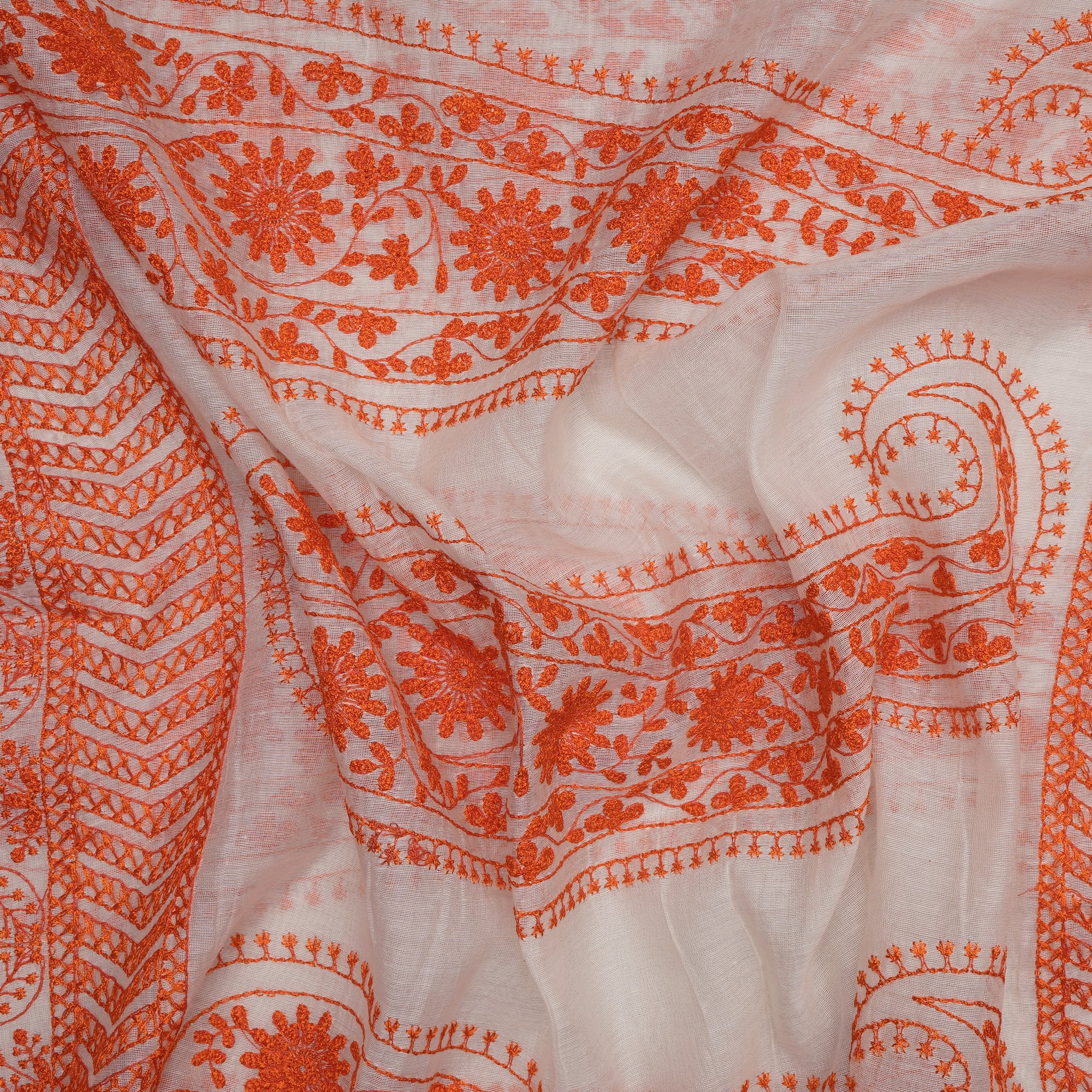 (Pre-Cut 1.00 Mtr) White-Orange Embroidered Fine Chanderi Fabric
