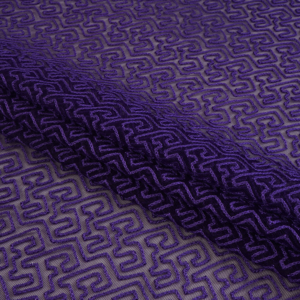 (Pre Cut 0.95 Mtr Piece) Purple Color Embroidered Nylon Net Fabric