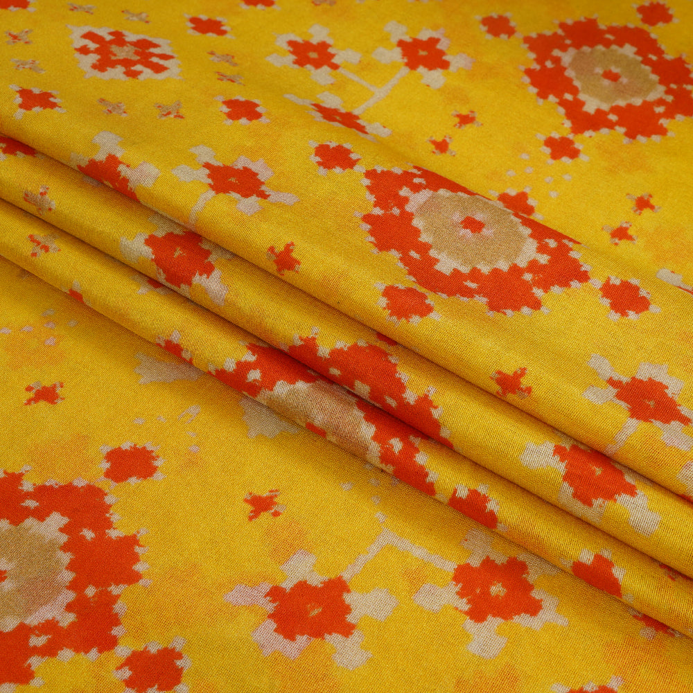 (Pre Cut 1.70 Mtr Piece) Yellow-Orange Color Digital Printed Pure Chanderi Fabric