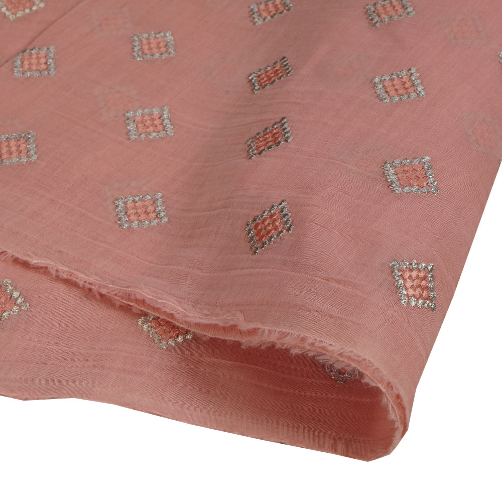 (Pre Cut 1.30 Mtr Piece) Baby Pink Color Embroidered Pure Chanderi Fabric