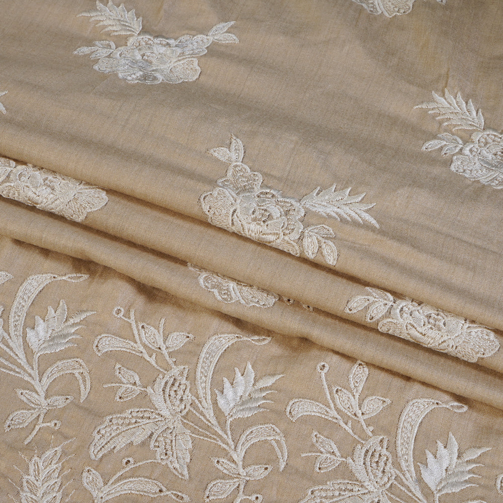 (Pre Cut 1.50 Mtr Piece) Beige-White Color Embroidered Muga Silk Fabric