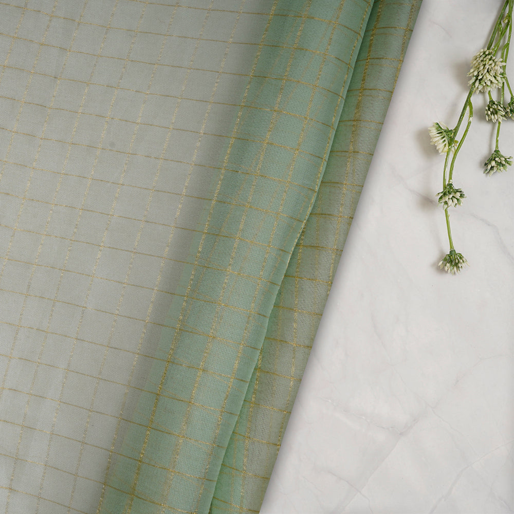 (Pre-Cut 1.35 Mtr) Mint Color Zari Checked Organza Silk Fabric