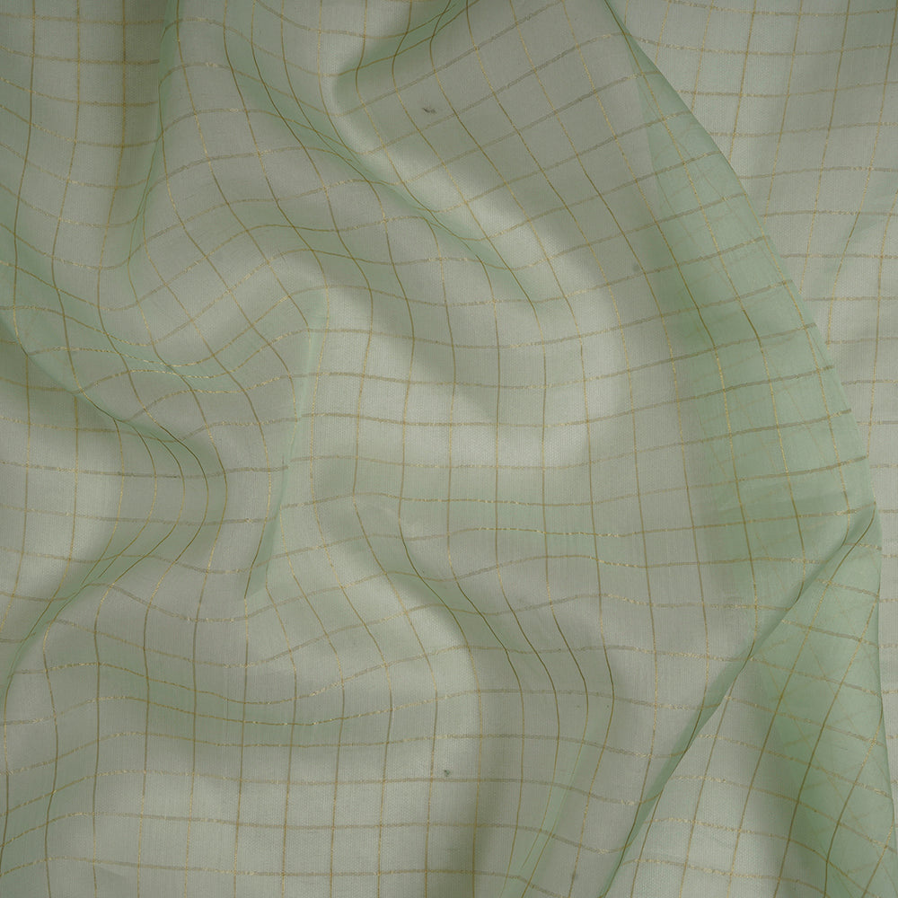 (Pre-Cut 1.35 Mtr) Mint Color Zari Checked Organza Silk Fabric