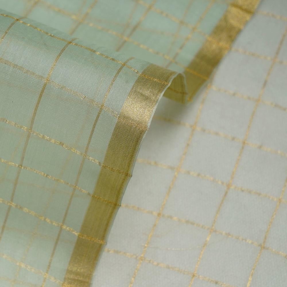 (Pre-Cut 1.35 Mtr) Mint Color Zari Checked Organza Silk Fabric