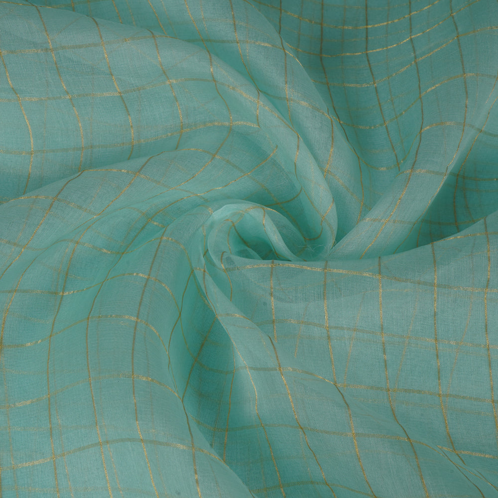 (Pre-Cut 2 Mtr) Light Blue Color Zari Checked Pure Organza silk Fabric
