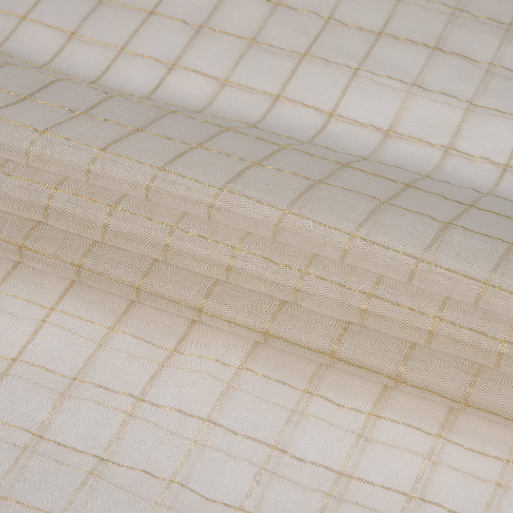 (Pre Cut 2.10 Mtr Piece) Cream Color Checked Organza silk Fabric