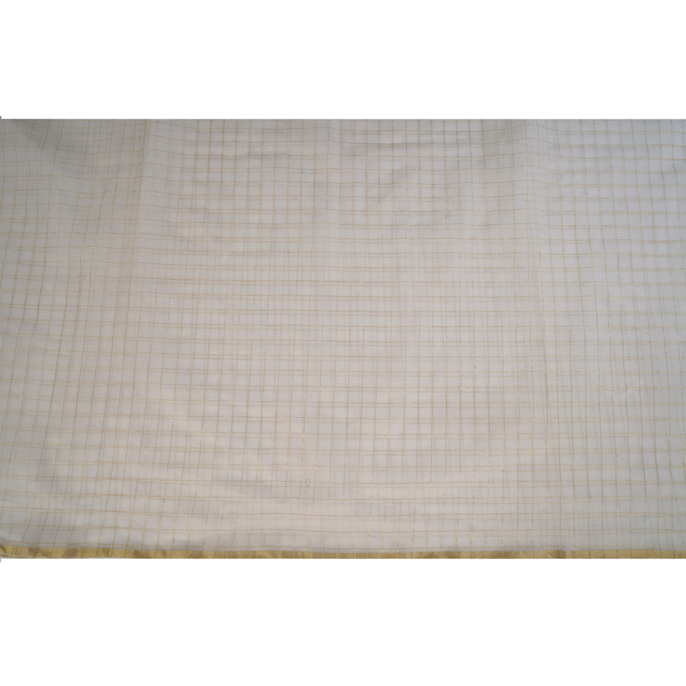 (Pre Cut 2.10 Mtr Piece) Cream Color Checked Organza silk Fabric
