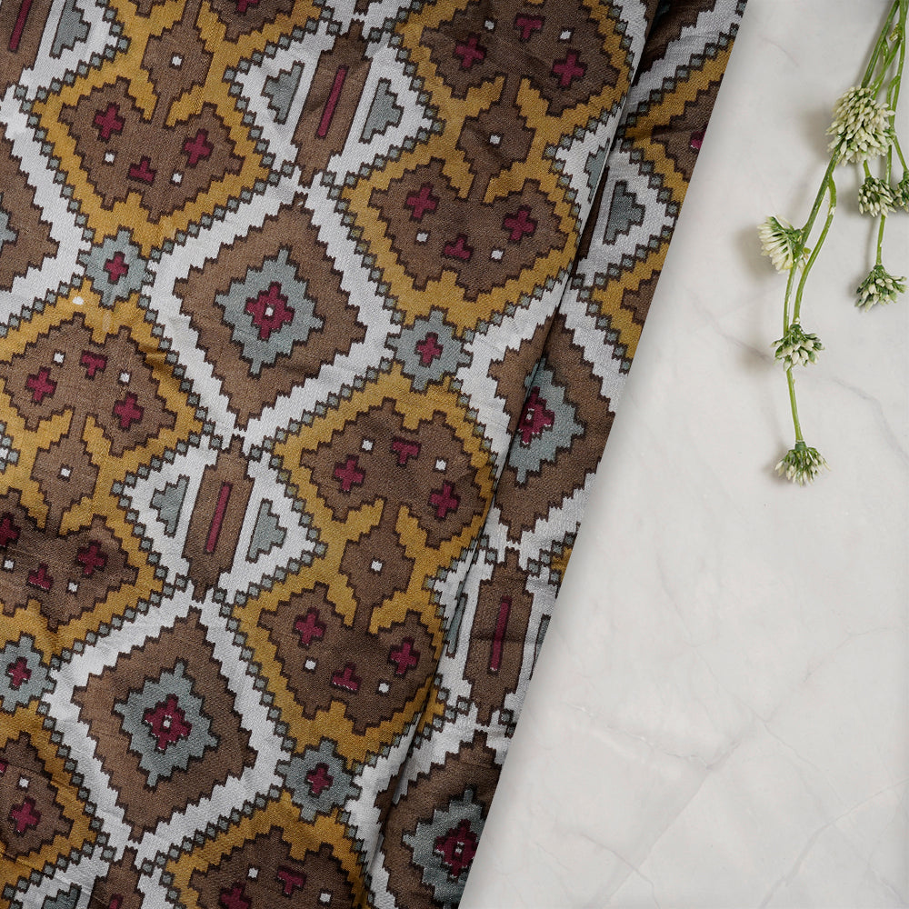 (Pre-Cut 4.60 Mtr) Brown Color Printed Dupion Silk Fabric