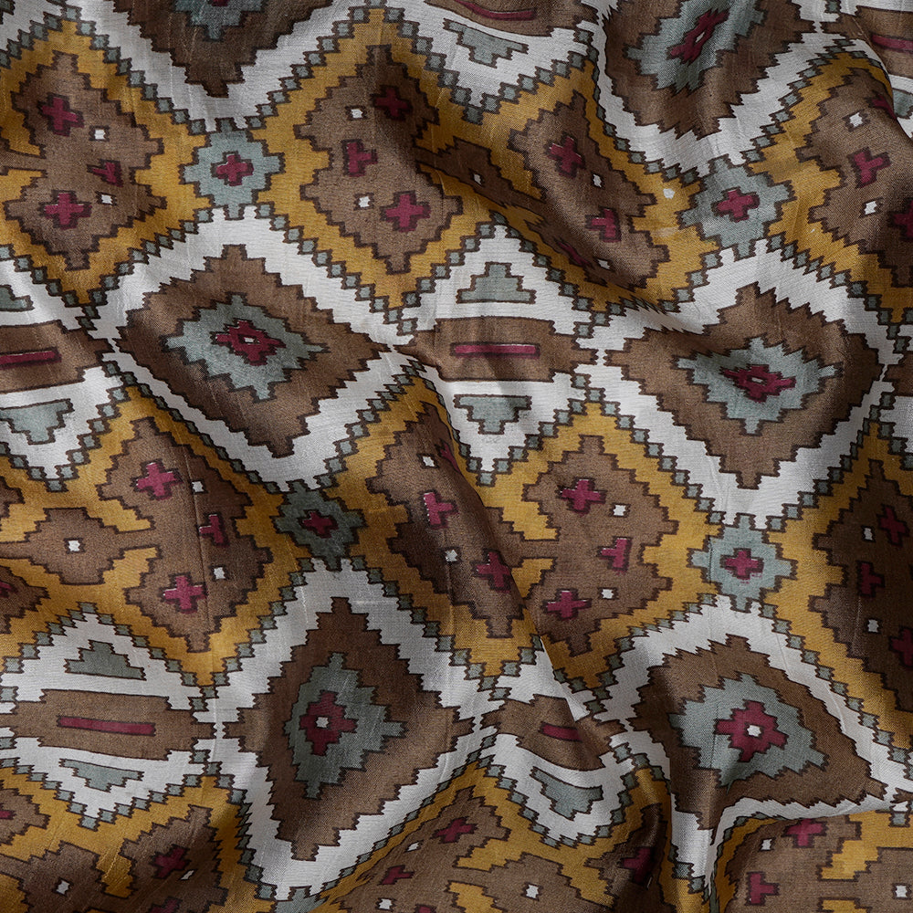 (Pre-Cut 4.60 Mtr) Brown Color Printed Dupion Silk Fabric