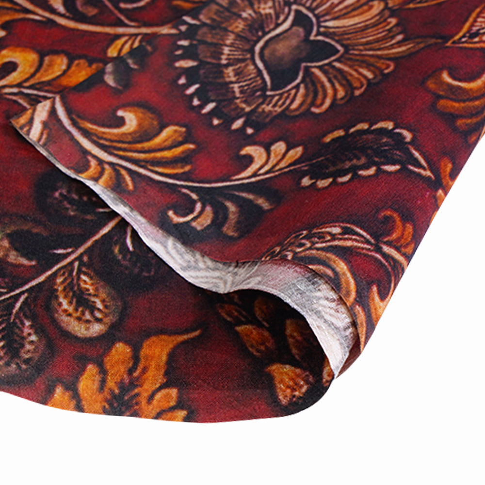 (Pre Cut 1.85 Mtr Piece) Maroon Color Digital Printed Pure Chanderi Fabric