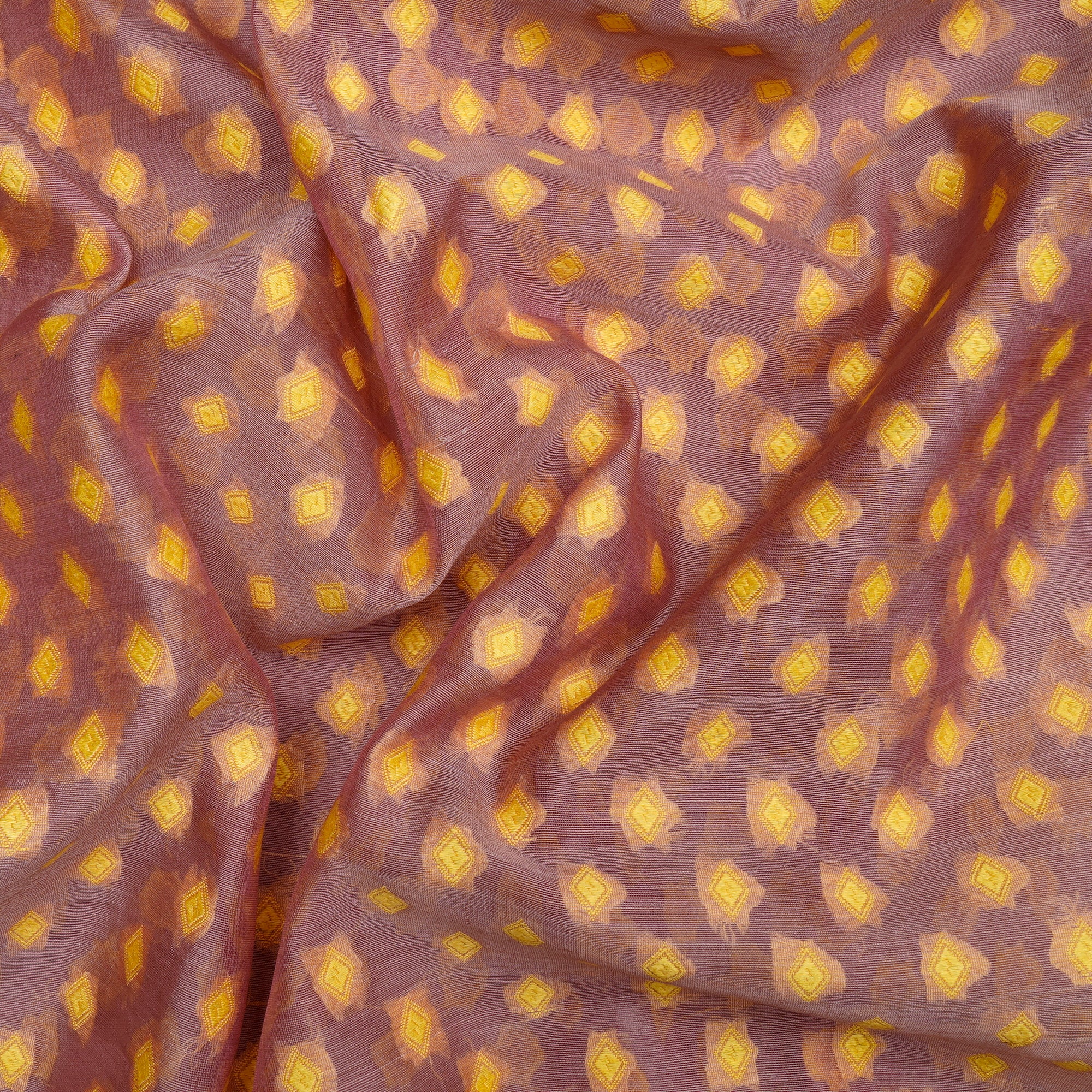 (Pre Cut 1.90 Mtr Piece) Mauve-Yellow Color Handwoven Brocade Chanderi Fabric