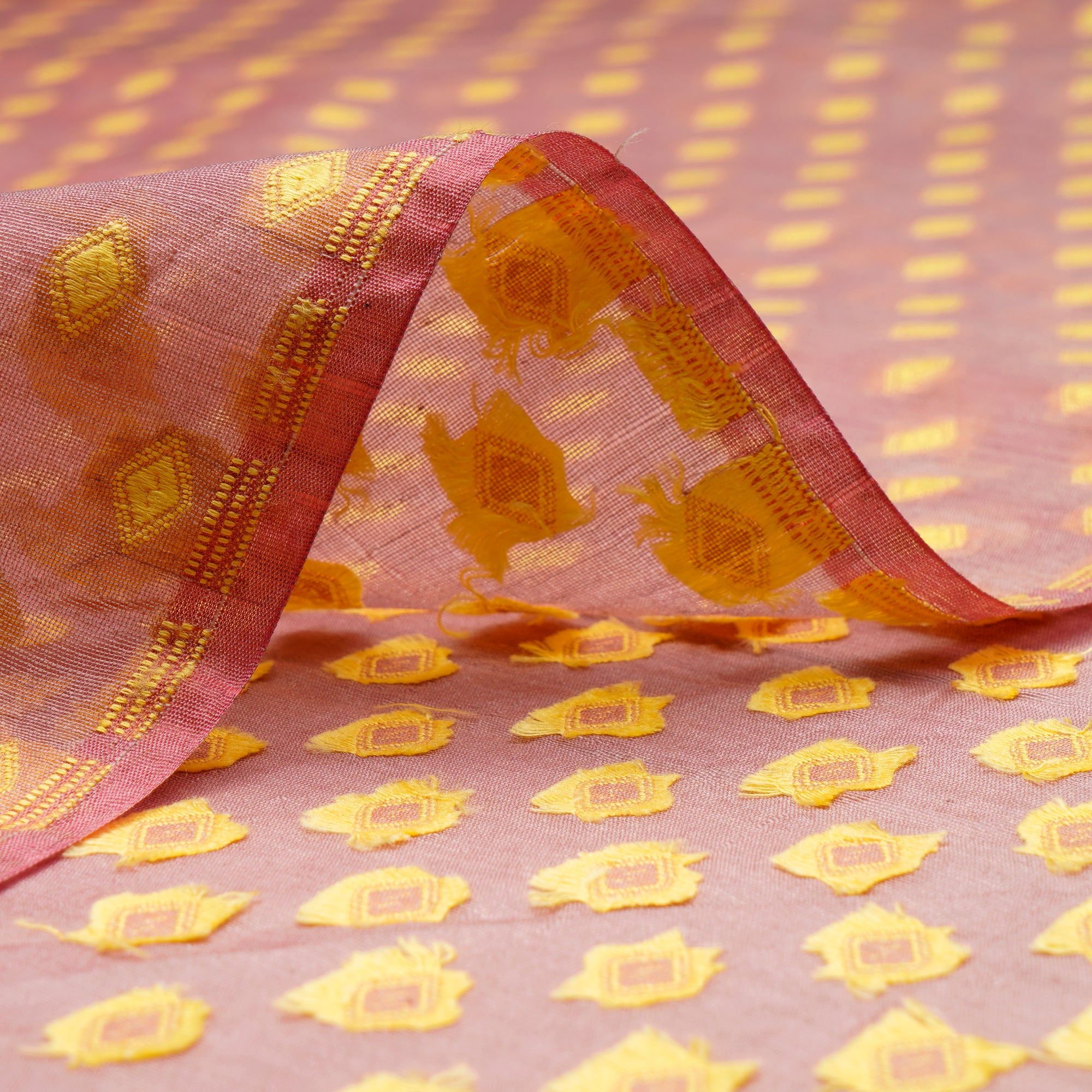 (Pre Cut 1.90 Mtr Piece) Mauve-Yellow Color Handwoven Brocade Chanderi Fabric