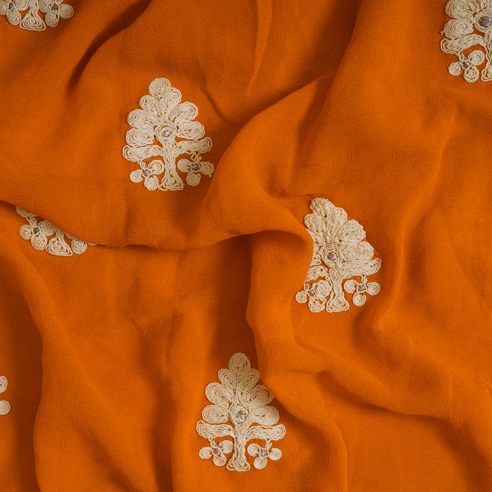 (Pre-Cut 3.35 Mtr) Orange Color Embroidered Georgette Silk Fabric
