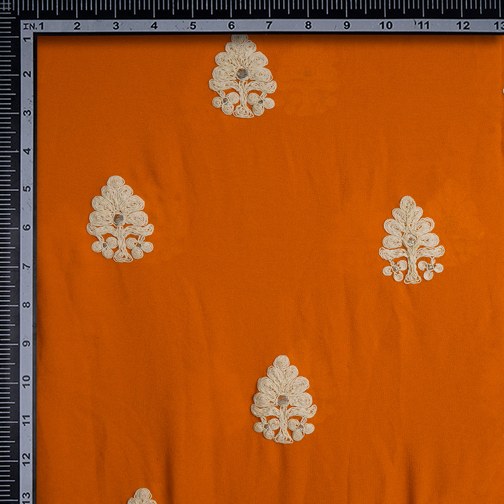 (Pre-Cut 3.35 Mtr) Orange Color Embroidered Georgette Silk Fabric
