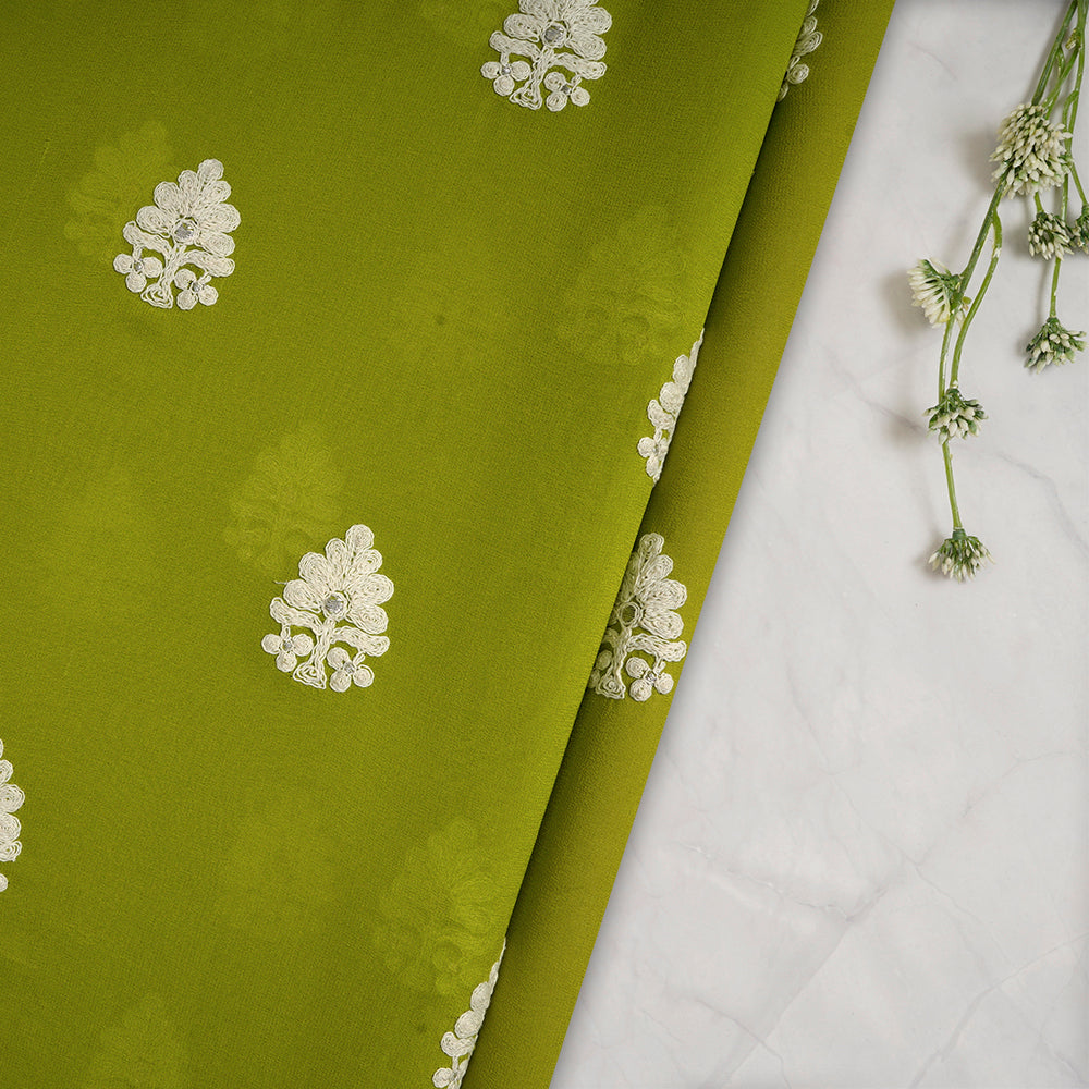 (Pre-Cut 3.50 Mtr) Light Green Color Embroidered Georgette Silk Fabric