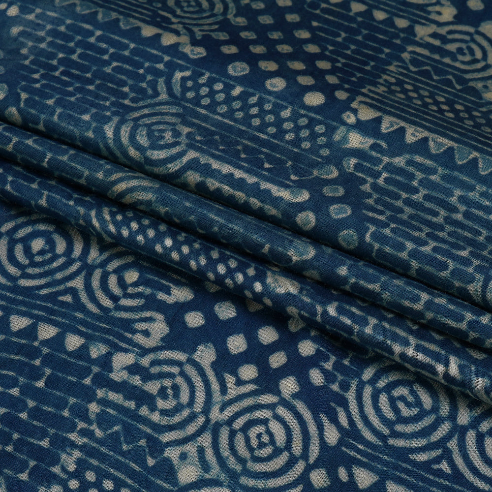 (Pre Cut 1.40 Mtr Piece) Indigo Color Handcrafted Ajrak Printed Modal Satin Fabric