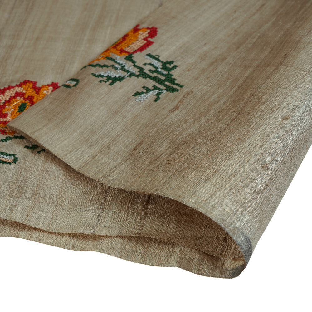 (Pre Cut 0.90 Mtr Piece) Beige Color Embroidered Tussar Silk Fabric