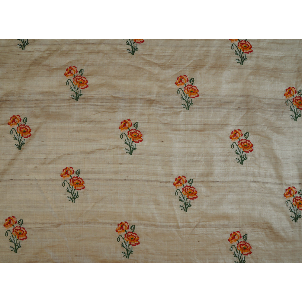 (Pre Cut 0.90 Mtr Piece) Beige Color Embroidered Tussar Silk Fabric