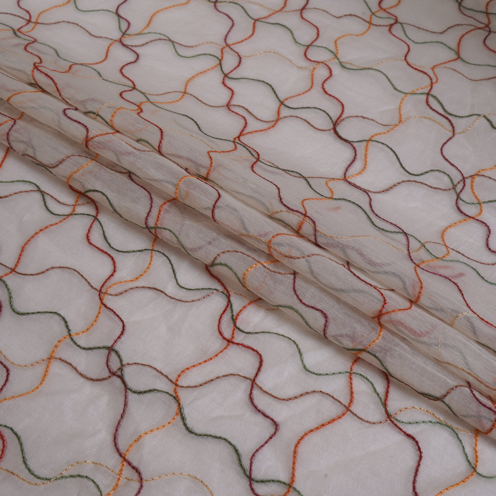 (Pre Cut 1.40 Mtr Piece) Off-White Color Embroidered Pure Chanderi Fabric