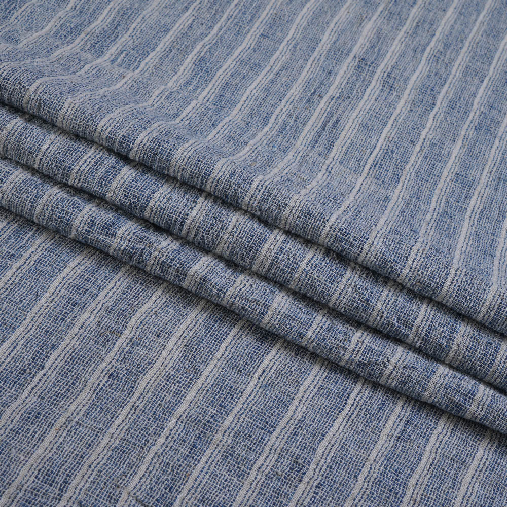 (Pre Cut 0.95 Mtr Piece) Off White-Blue Color Handwoven Handspun Kala Cotton Fabric
