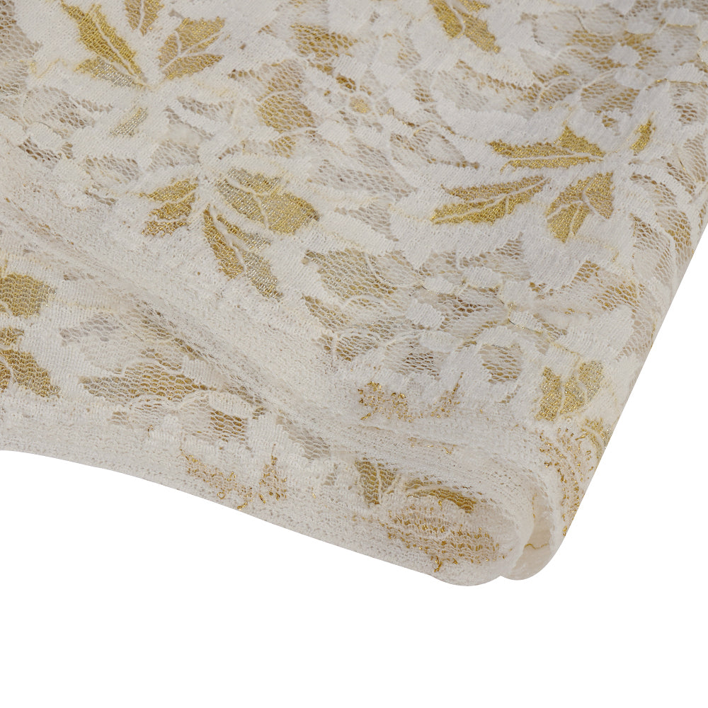 (Pre Cut 1.95 Mtr Piece) Off-White-Golden Color Jacquard Nylon Net Fabric