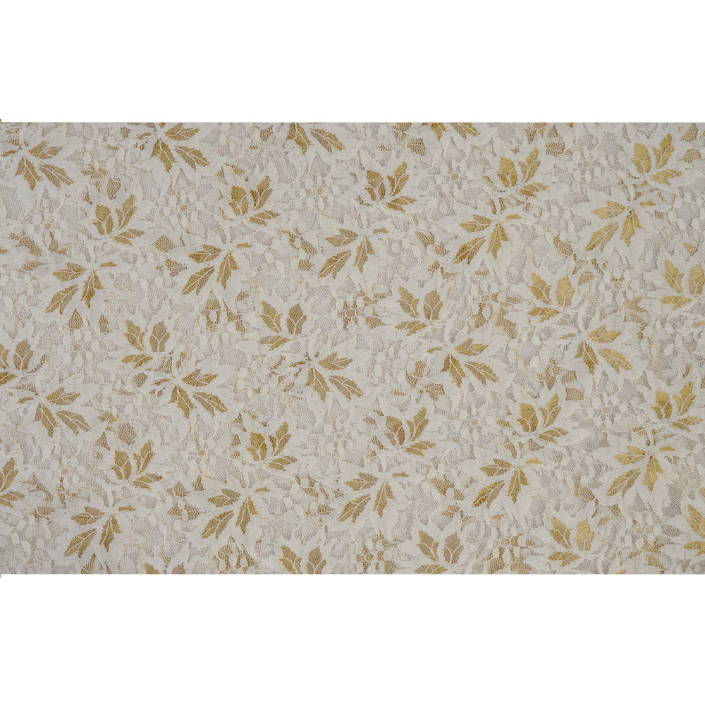 (Pre Cut 1.95 Mtr Piece) Off-White-Golden Color Jacquard Nylon Net Fabric