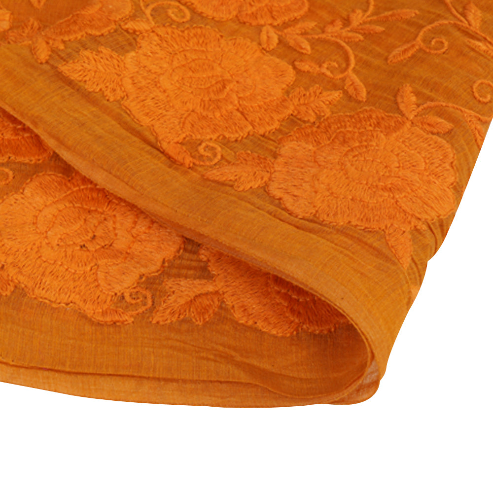 (Pre Cut 1.85 Mtr Piece) Orange Color Embroidered Chanderi Fabric