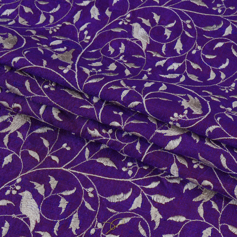 (Pre Cut 1.70 Mtr Piece) Purple Color Embroidered Dupion Silk Fabric