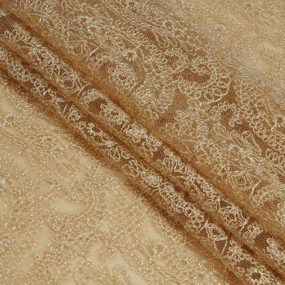 (Pre Cut 3.35 Mtr Piece) Beige Color Embroidered Nylon Net Fabric