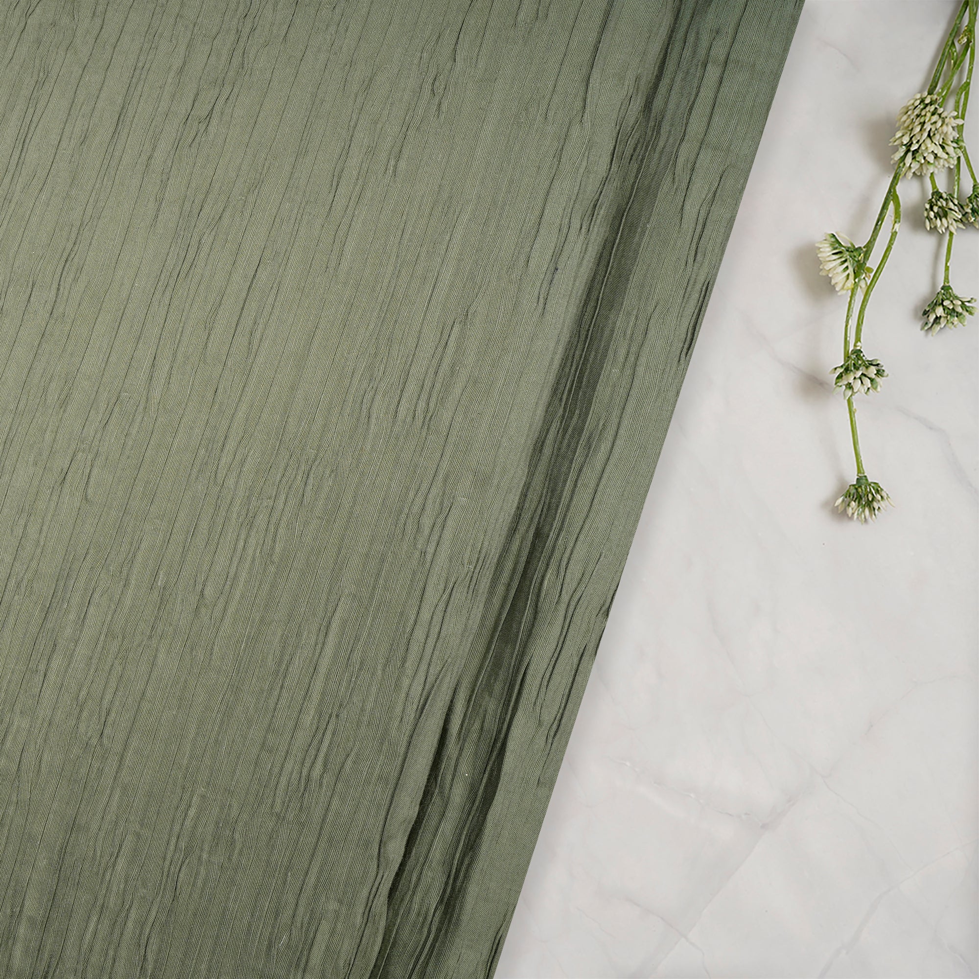 (Pre Cut 2.20 Mtr Piece) Olive Color Value Added Pleated Bemberg Fabric With Back Pasting