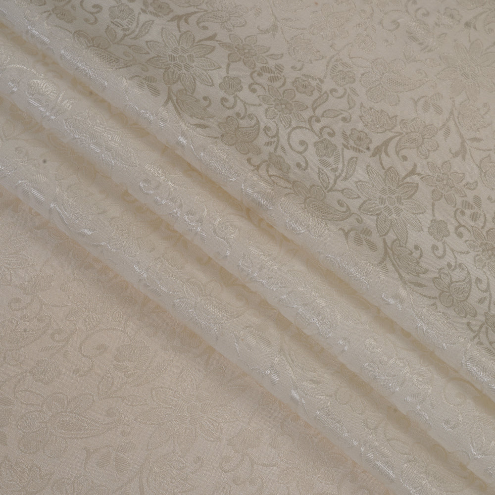 (Pre Cut 2.45 Mtr Piece) Off-White Color Satin Jacquard Bamberg Silk Fabric