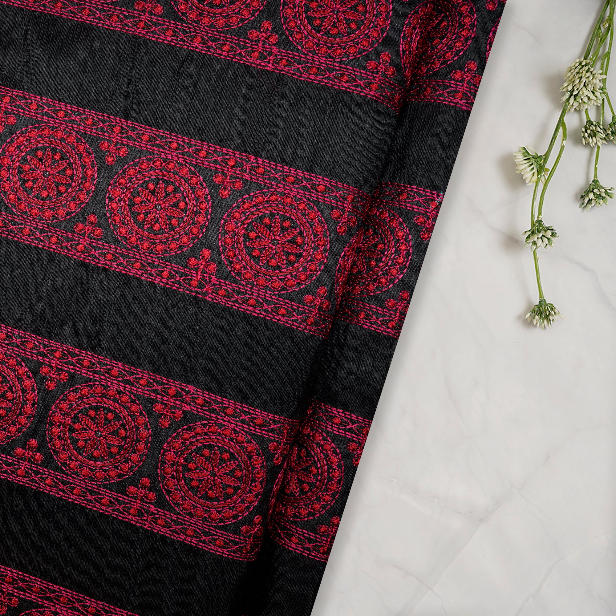 (Pre Cut 4.50 Mtr Piece) Black Color Embroidered Polyester Fabric