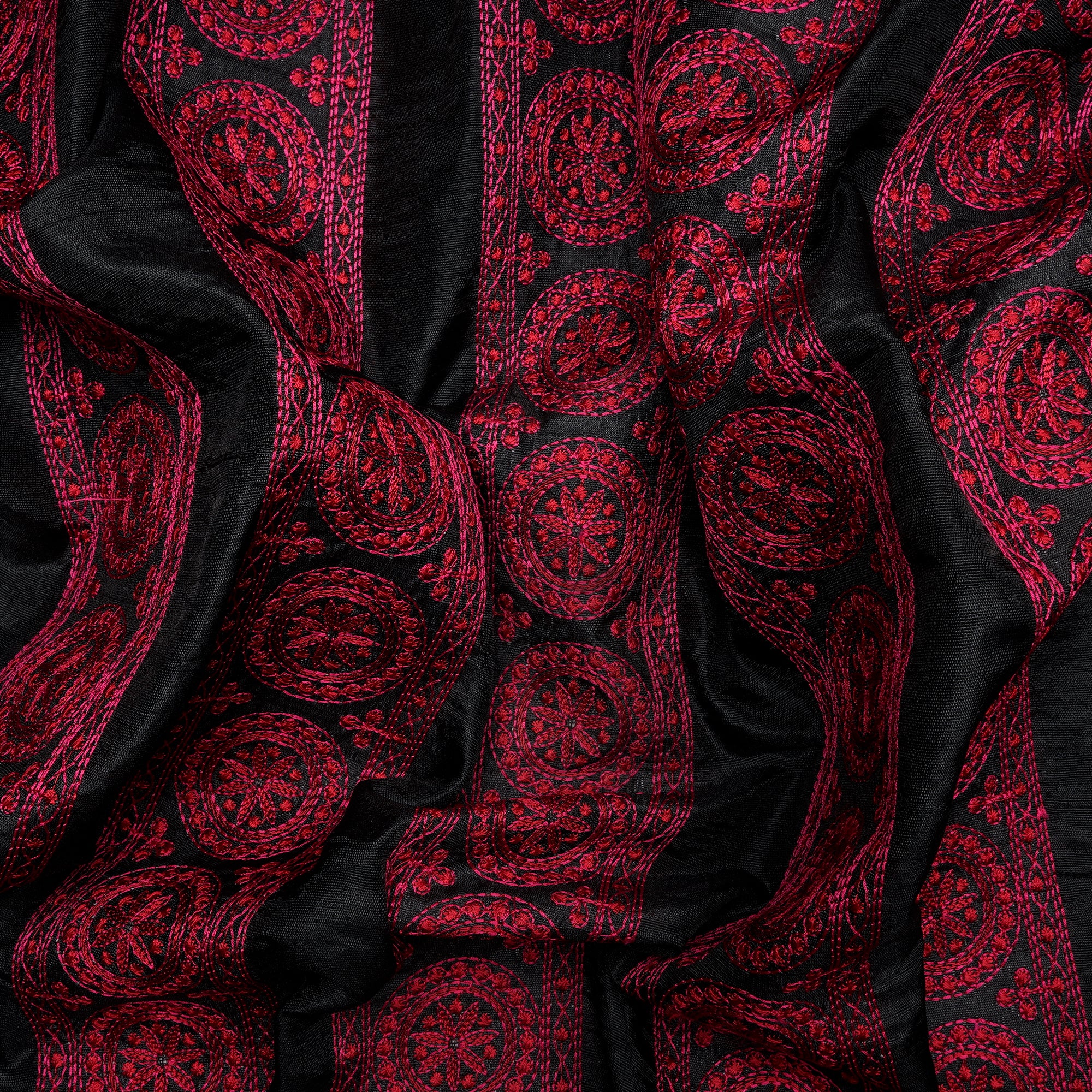 (Pre Cut 4.50 Mtr Piece) Black Color Embroidered Polyester Fabric