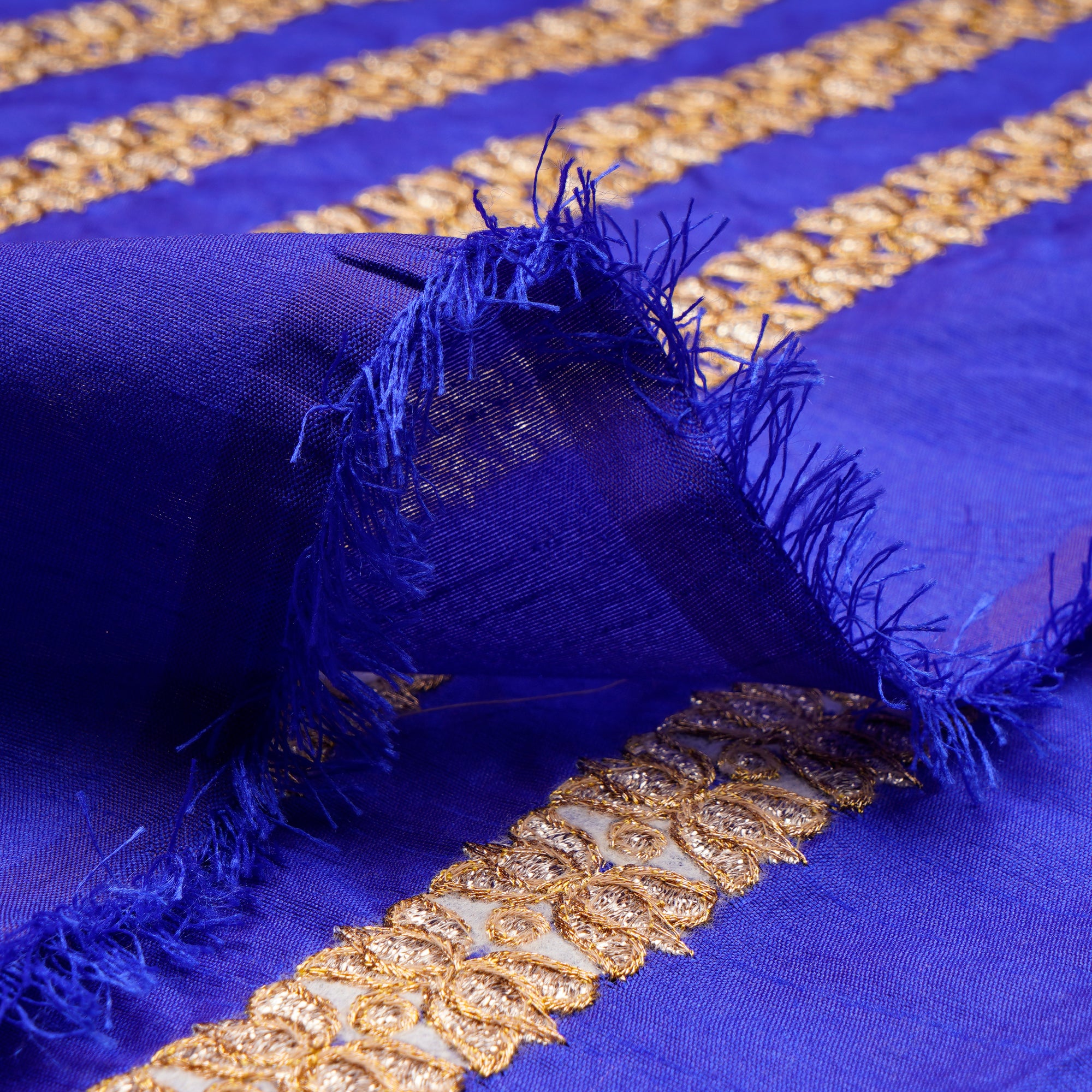 (Pre Cut 4.25 Mtr Piece) Blue Color Embroidered Polyester Fabric
