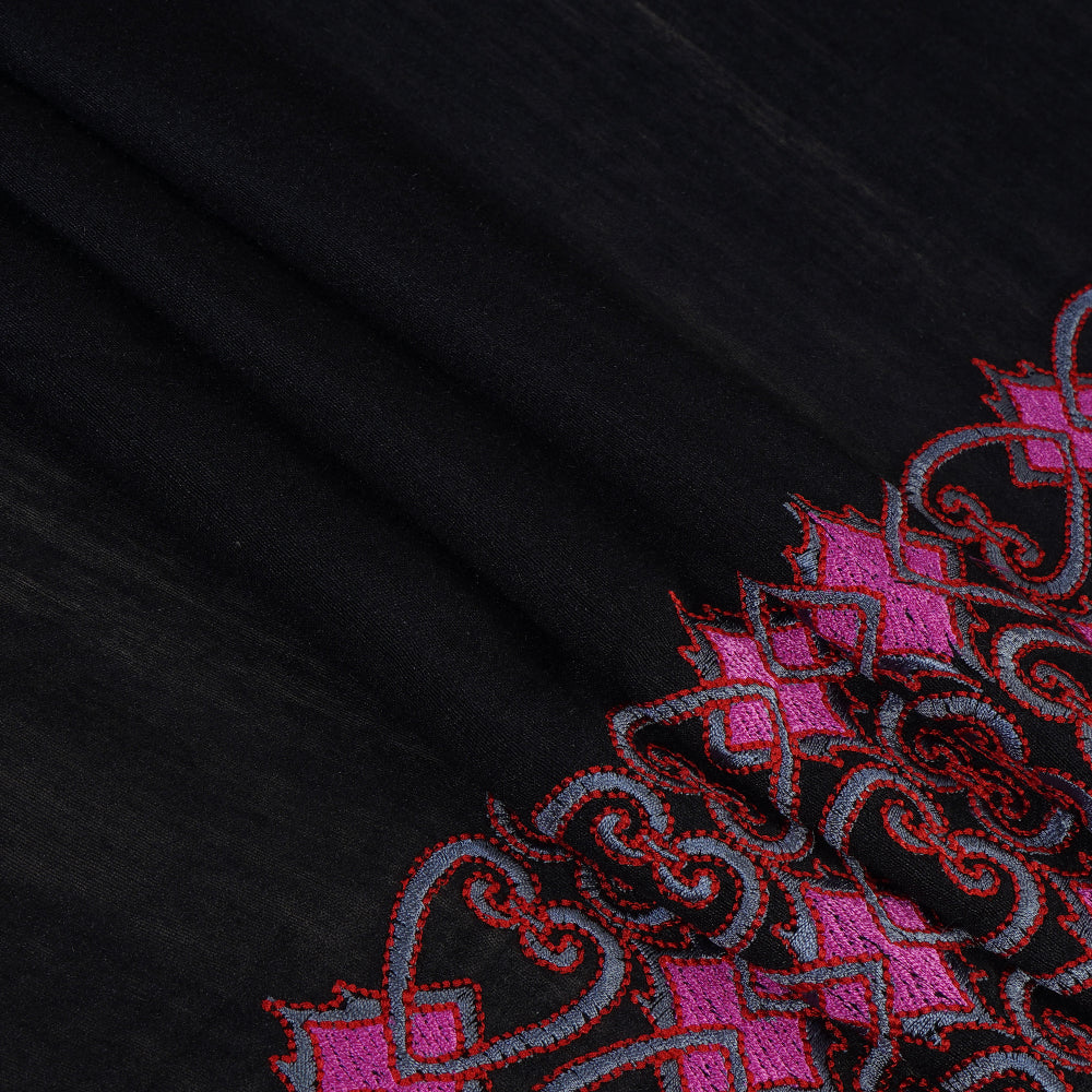(Pre Cut 3.40 Mtr Piece) Black Color Embroidered Muga Silk Fabric