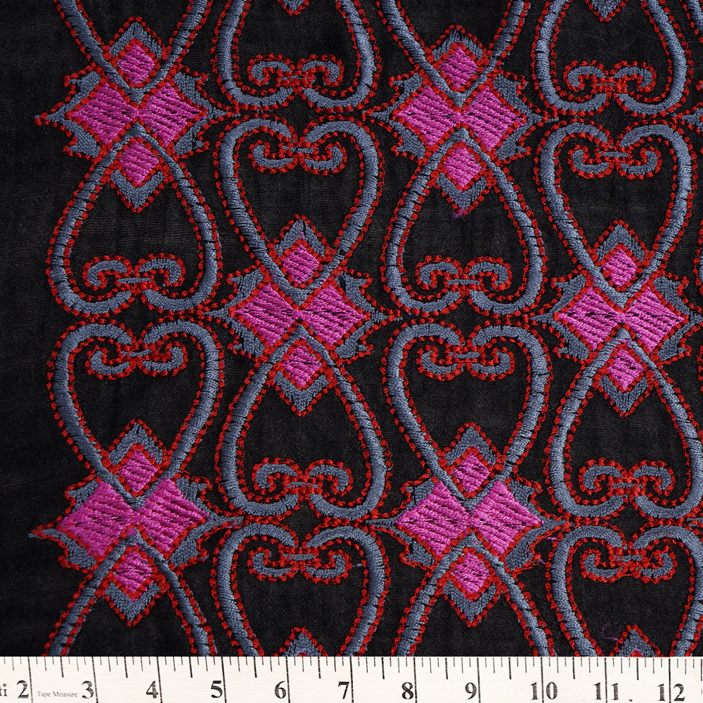 (Pre Cut 3.40 Mtr Piece) Black Color Embroidered Muga Silk Fabric