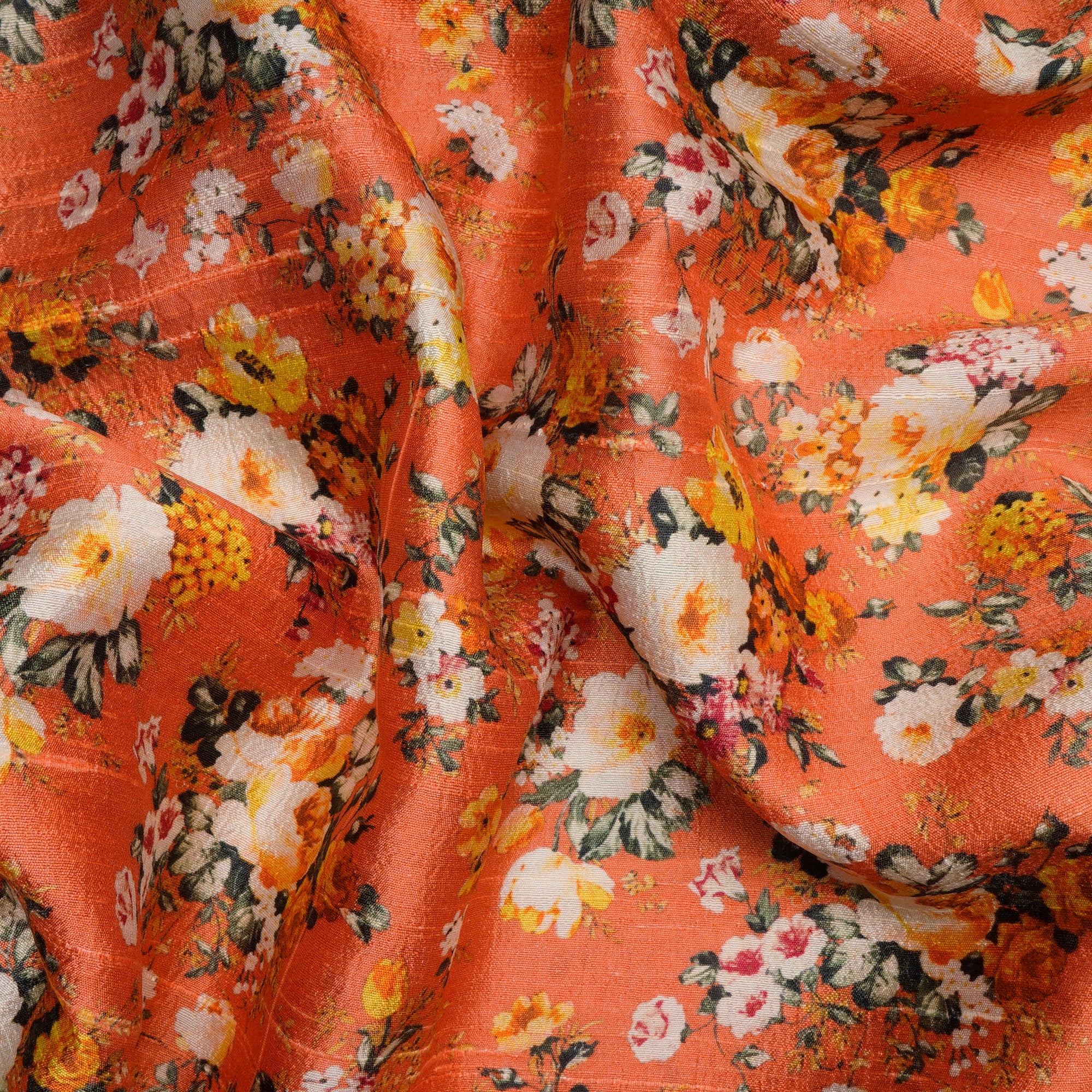 (Pre Cut 3.45 Mtr Piece) Orange Color Digital Printed Dupion Silk Fabric