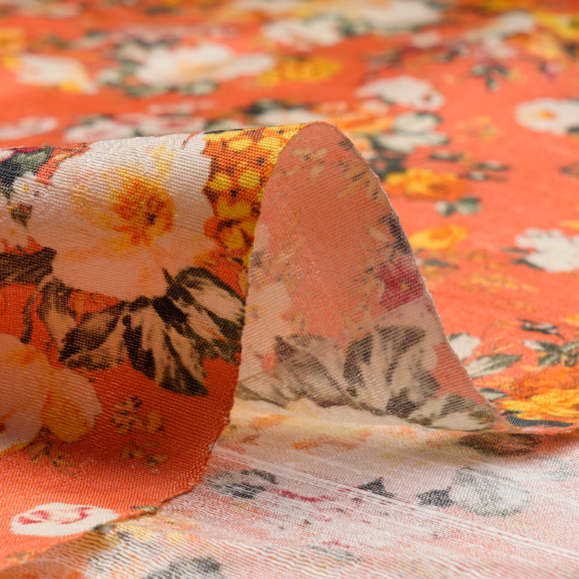 (Pre Cut 3.45 Mtr Piece) Orange Color Digital Printed Dupion Silk Fabric