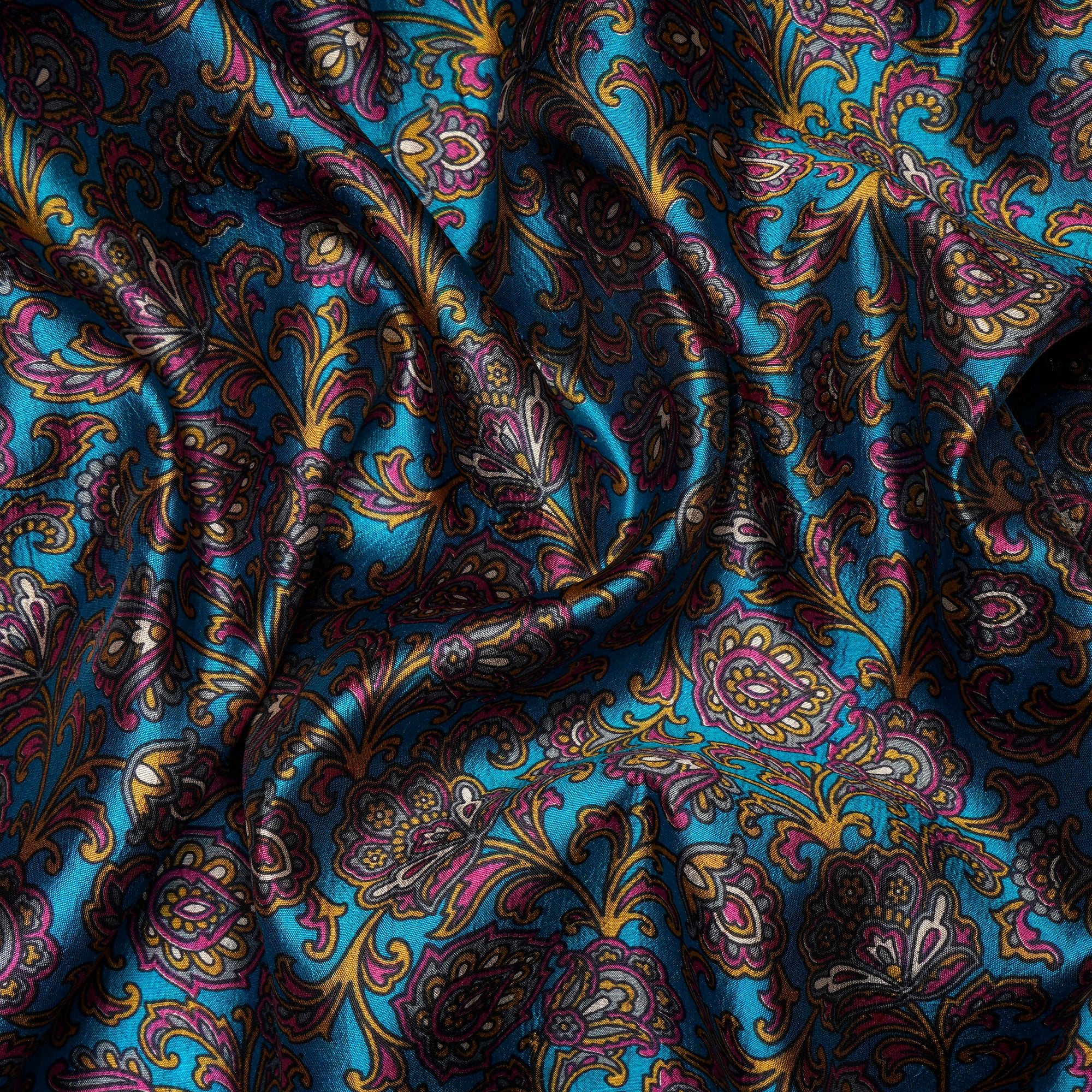 (Pre Cut 3.90 Mtr Piece) Blue Color Digital Printed Dupion Silk Fabric