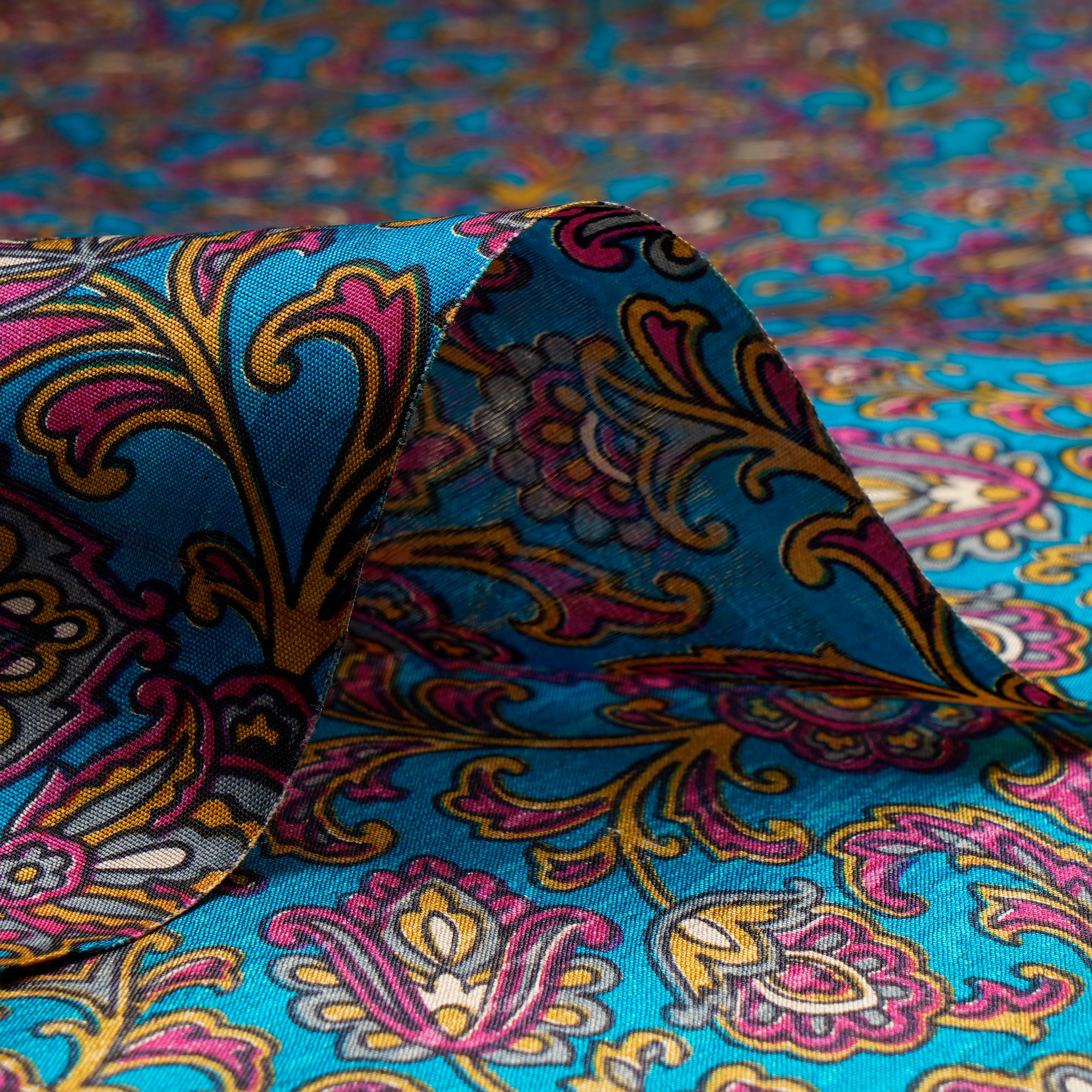 (Pre Cut 3.90 Mtr Piece) Blue Color Digital Printed Dupion Silk Fabric