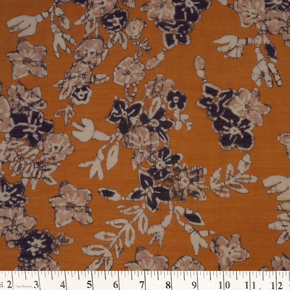 (Pre Cut 3.50 Mtr Piece) Ochre Color Digital Printed Silk Fabric