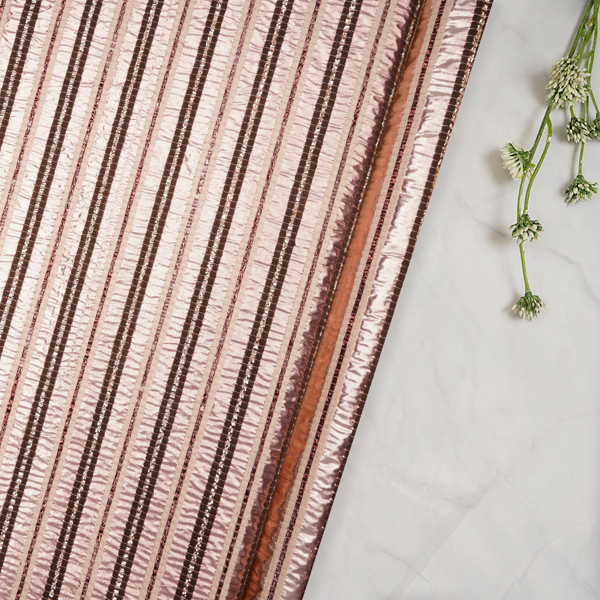 (Pre Cut 4.65 Mtr Piece) Rose Gold Color Striped Lurex Silk Fabric