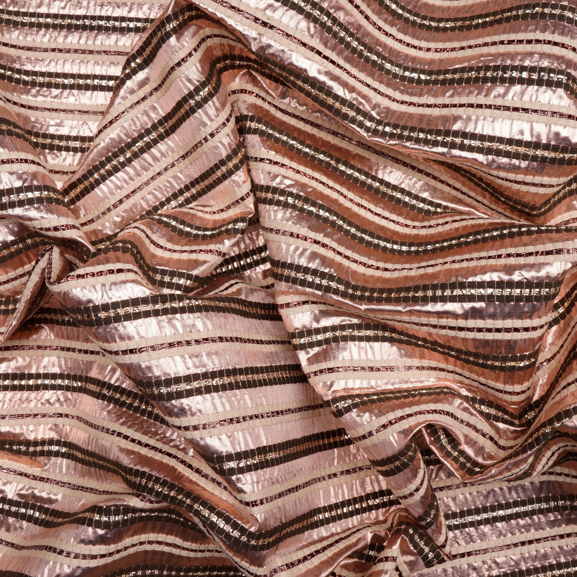 (Pre Cut 4.65 Mtr Piece) Rose Gold Color Striped Lurex Silk Fabric