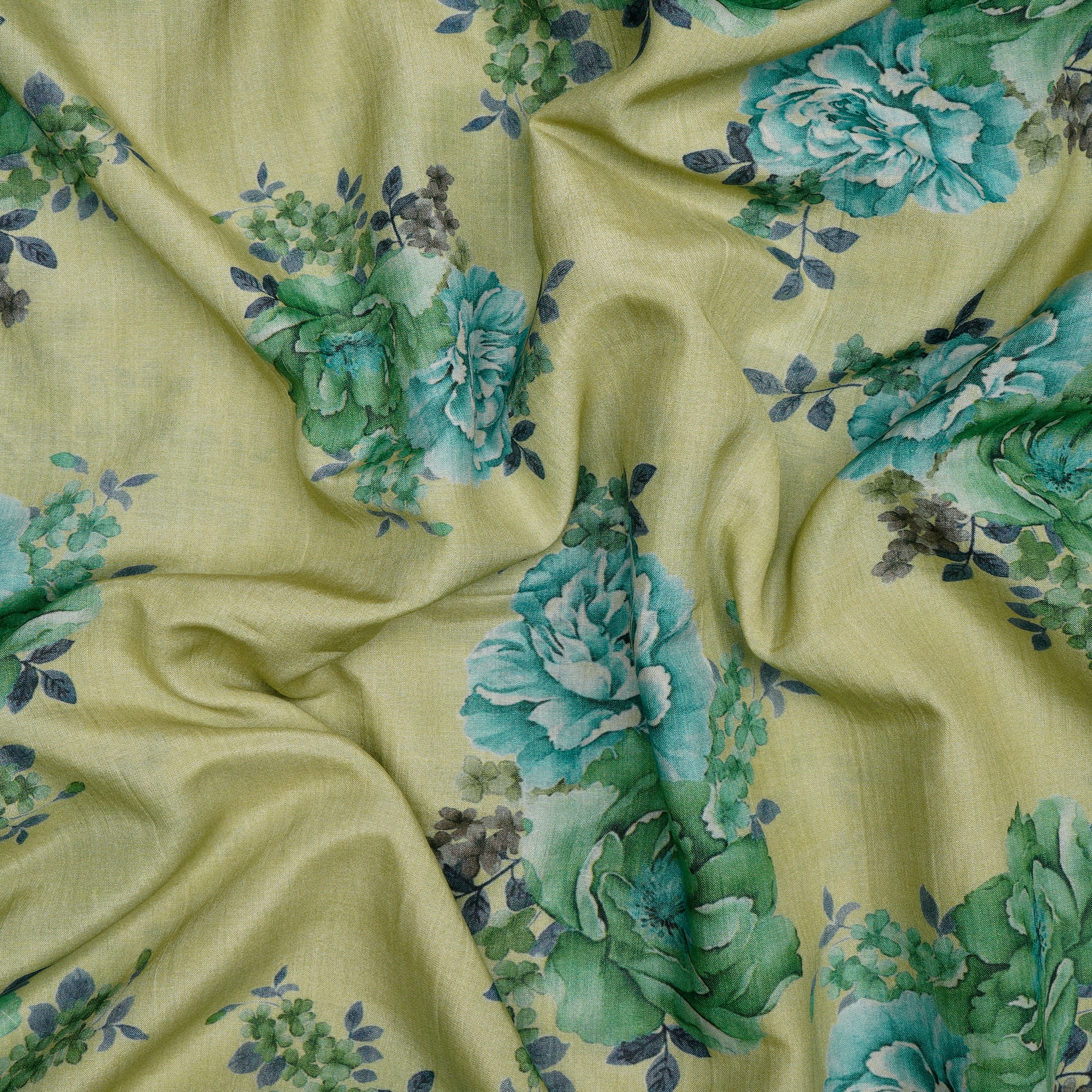 (Pre Cut 4 Mtr Piece) Green Color Floral Pattern Digital Printed Tussar Chanderi Fabric