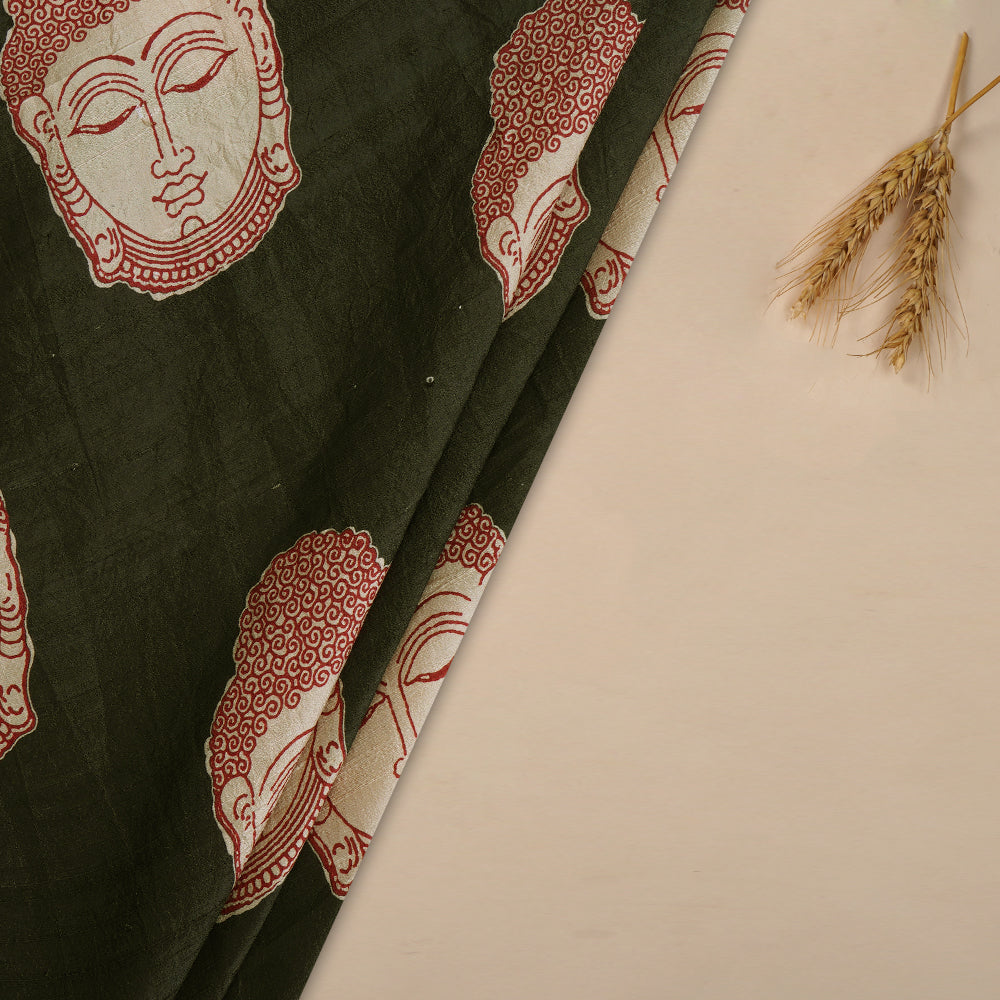 (pre Cut 3.50 Mtr Piece) Charcoal Color Kalamkari Pattern Digital Printed Dupion Silk Fabric