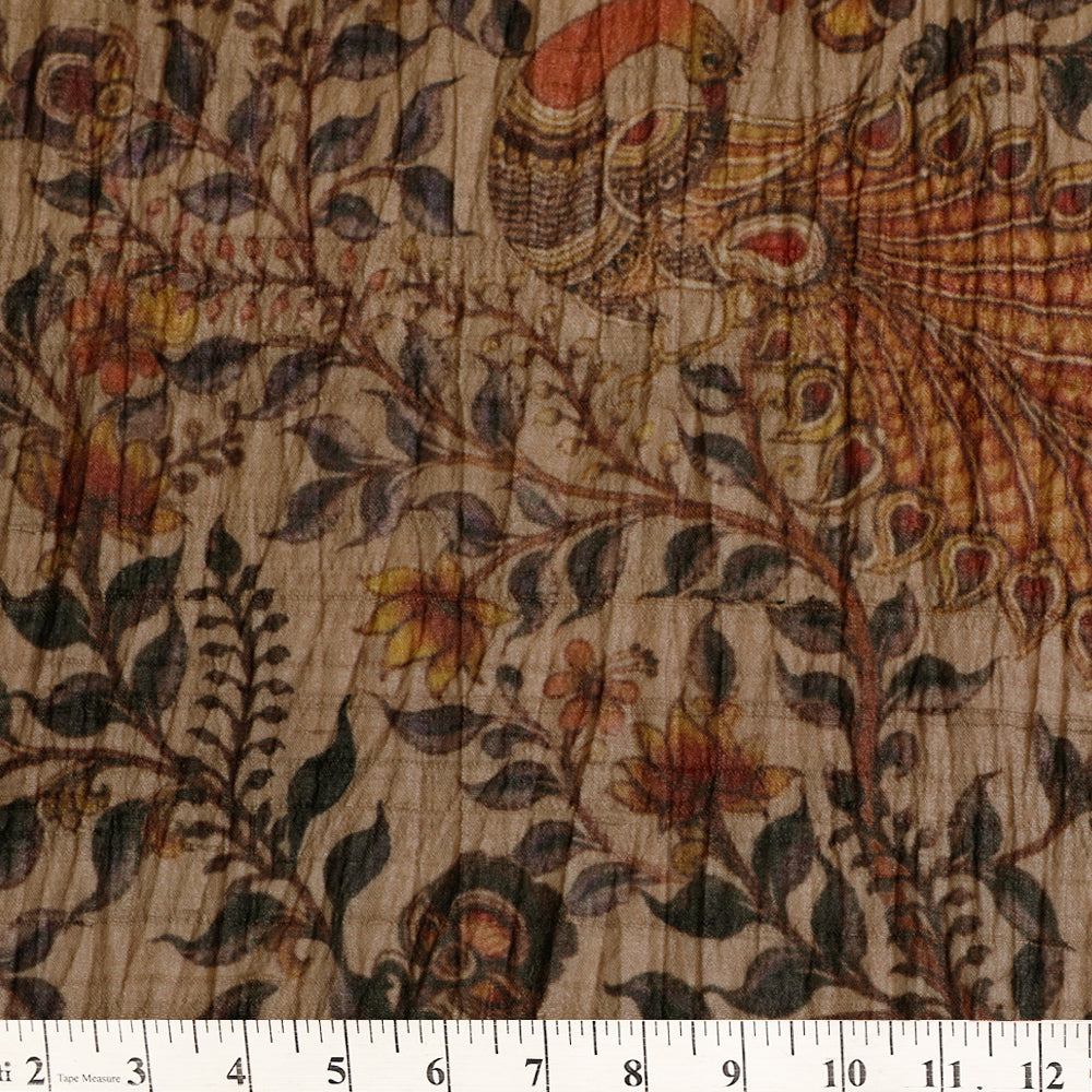 (Pre Cut 3.30 Mtr Piece) Brown Color Kalamkari Pattern Digital Printed Pure Tussar Silk Fabric