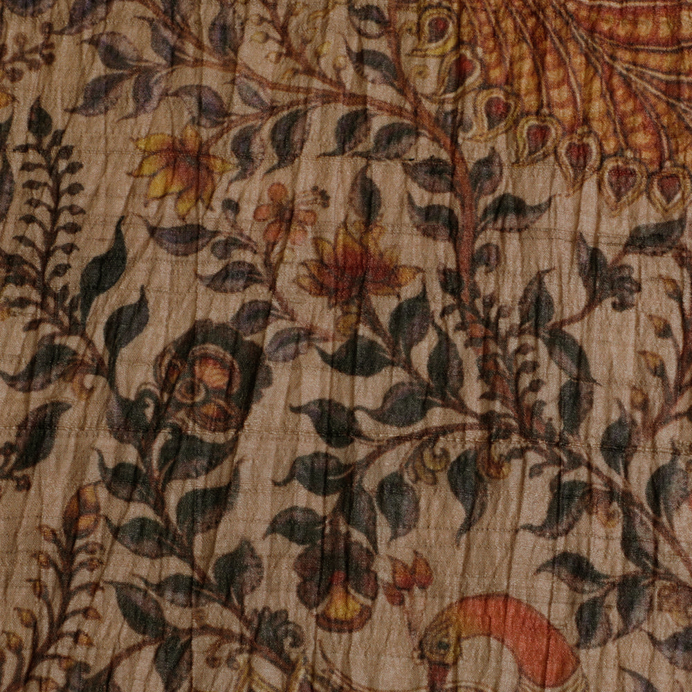 (Pre Cut 3.30 Mtr Piece) Brown Color Kalamkari Pattern Digital Printed Pure Tussar Silk Fabric