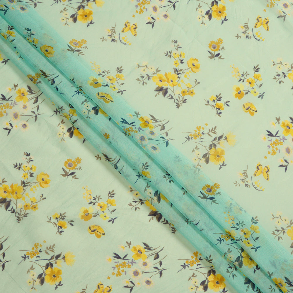 (Pre Cut 3 Mtr Piece) Light Blue Color Floral Pattern Digital Printed Viscose Organza Fabric