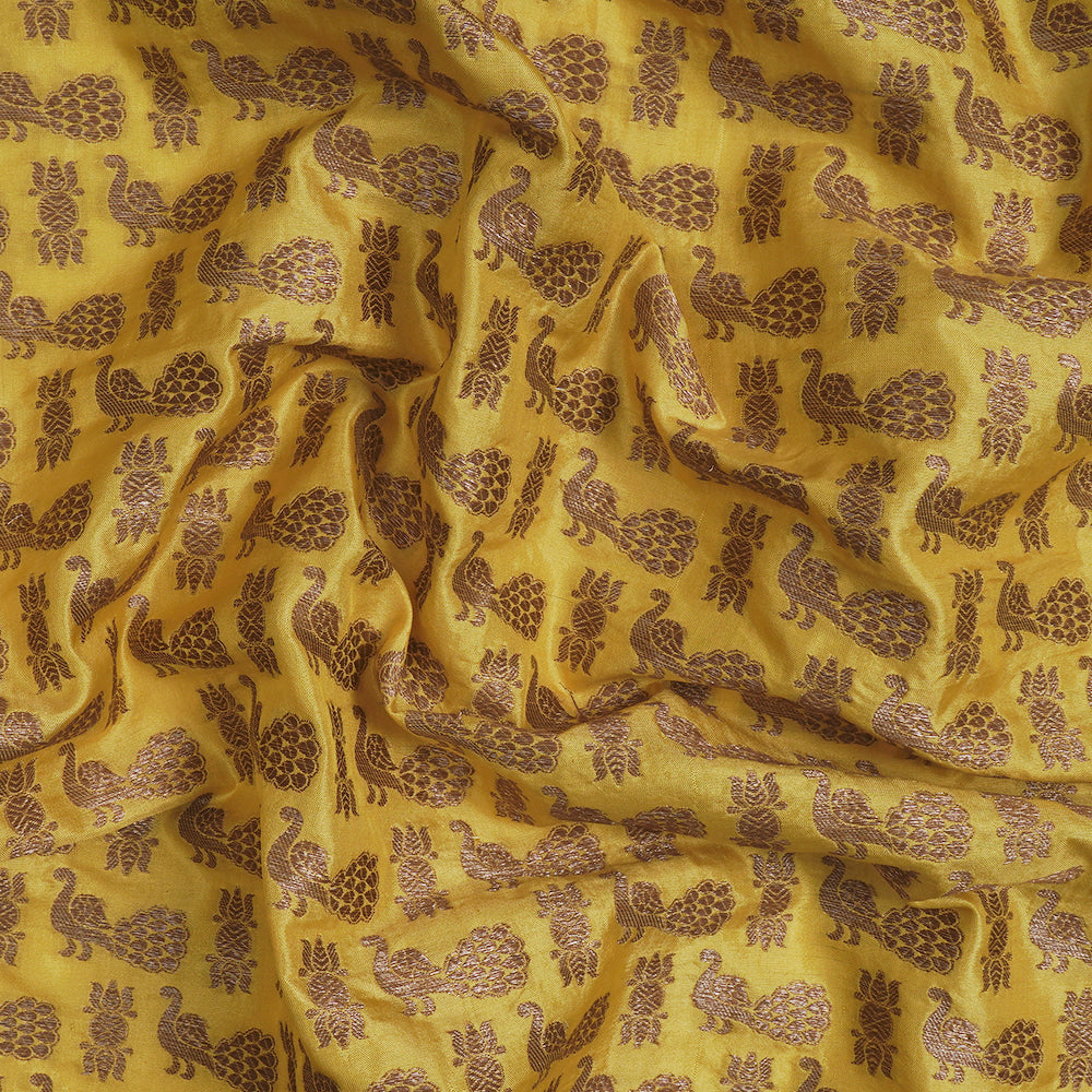 (Pre-Cut 1 Mtr) Yellow Color Handwoven Brocade Silk Fabric